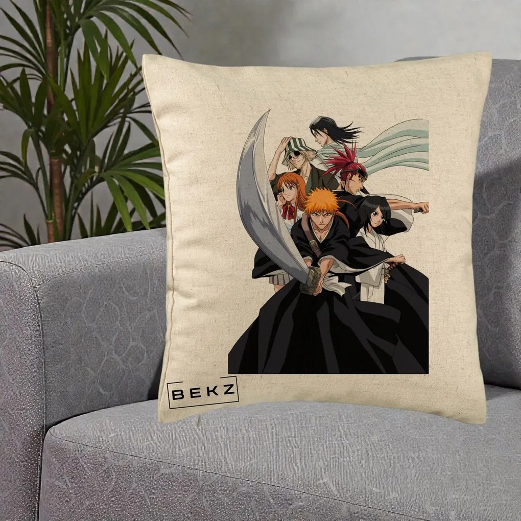 Perna Personalizata Bleach Grup Complet Ichigo si Prietenii, 40x40 cm, Bej, Husa Detasabila, Perna Inclusa, BEKZ®