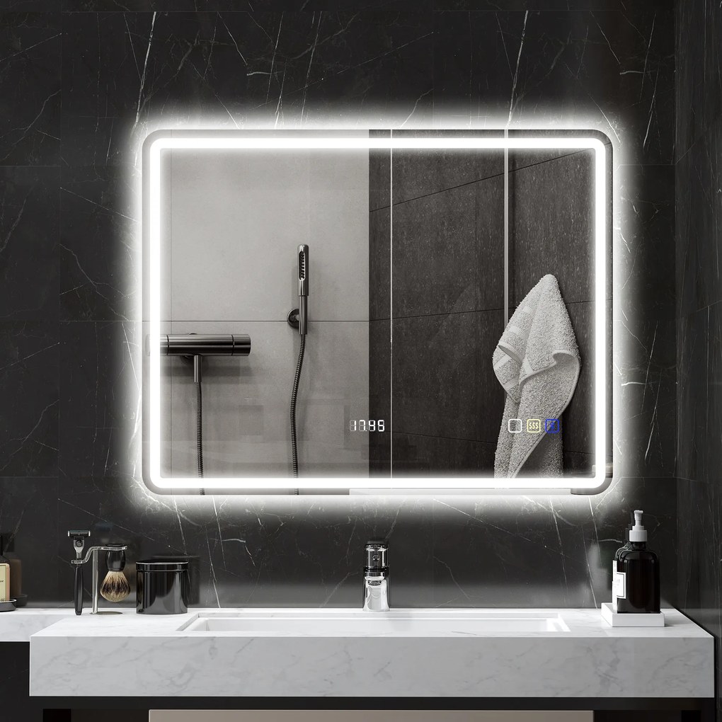 HOMCOM Oglindă de Baie cu Iluminare LED, Pad Anti-În Ceață, 3 culori reglabile, Ceas, 700 x 900 mm, Argintiu | Aosom Romania