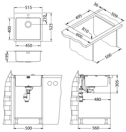 Chiuvetă de bucătărie ALVEUS 1107052 PURE 52,5x51,5 cm bronz