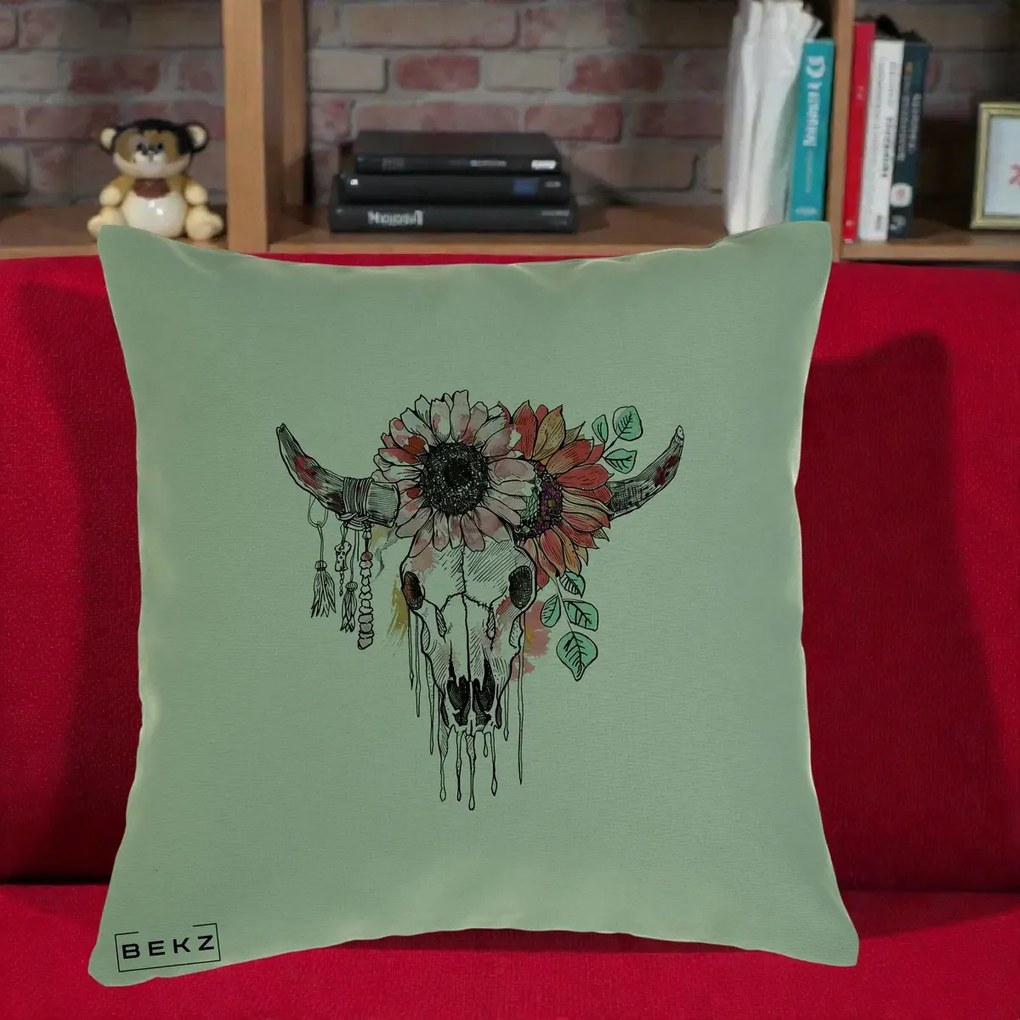 Perna Decorativa Craniu Boho Floral, 40x40 cm, Verde, Husa Detasabila, Perna Inclusa, BEKZ®
