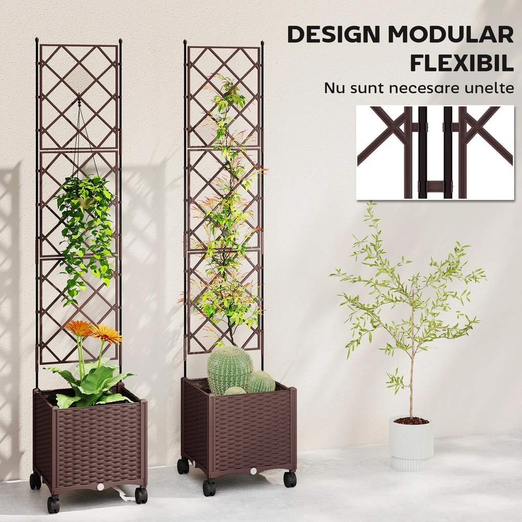 Outsunny Jardinieră Înălțată cu Grilaj 130L, Pat pentru Grădină Înălțat de Exterior cu Roți Blocabile, Sistem de Autoirigare, Găuri de Drenaj pentru Plante Cățărătoare, Legume, Flori, Maro | Aosom Romania