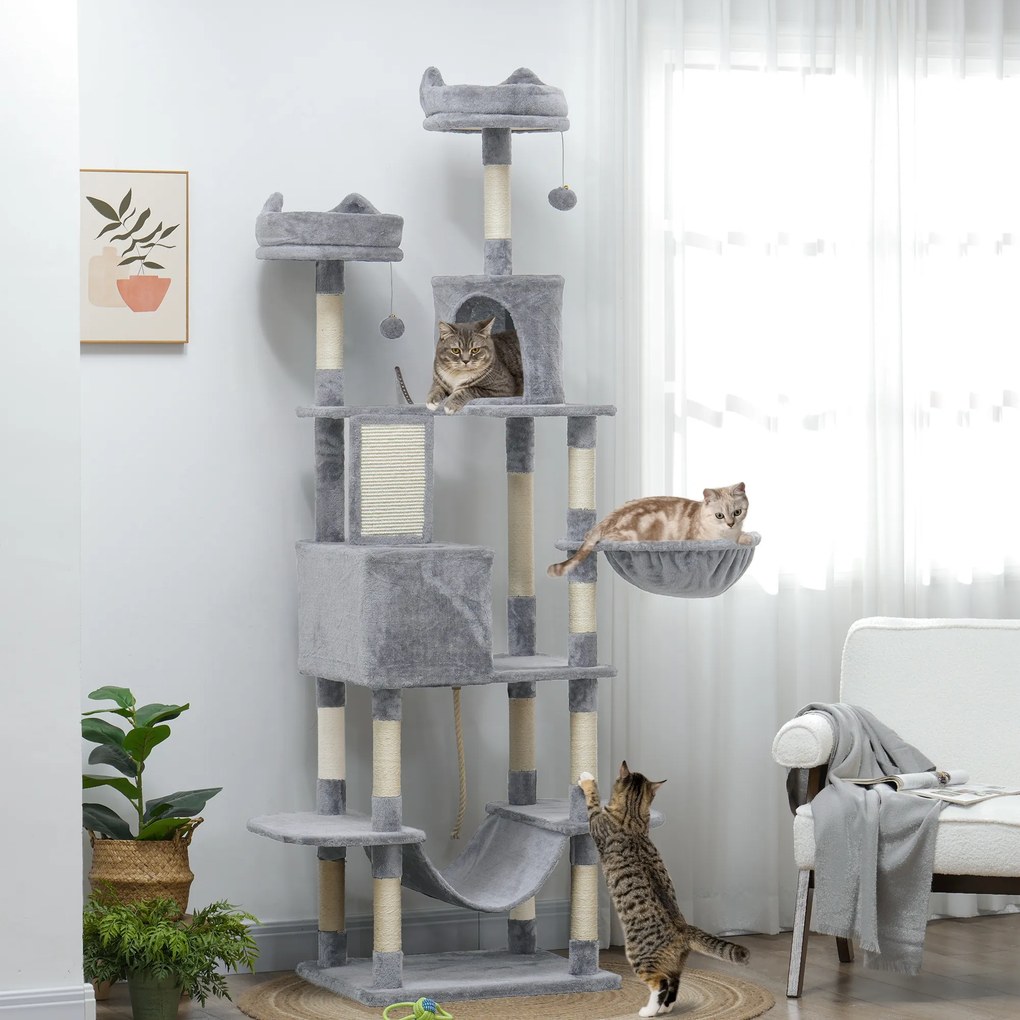 PawHut Ansamblu de Zgâriat pentru Pisici, 206 cm, cu Stâlpi din Sisal, Căsuțe și Hamace, Gri Închis | Aosom Romania