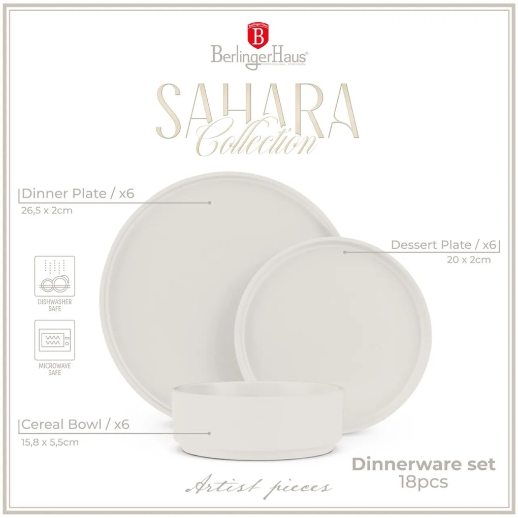 Set farfurii 18 piese Sahara Berlinger Haus BH 10005, ceramica, crem