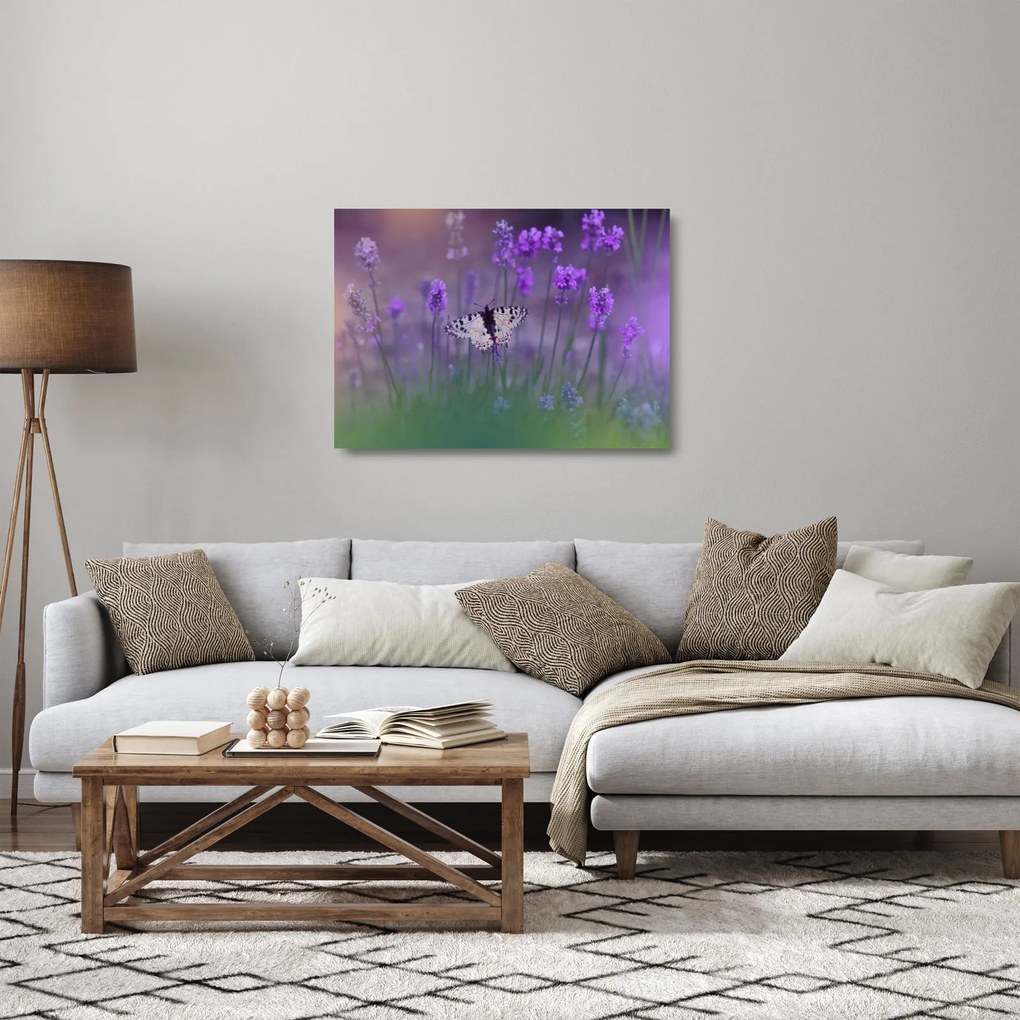 Tablou pe sticlă - fluture în lavandă (70x50 cm)
