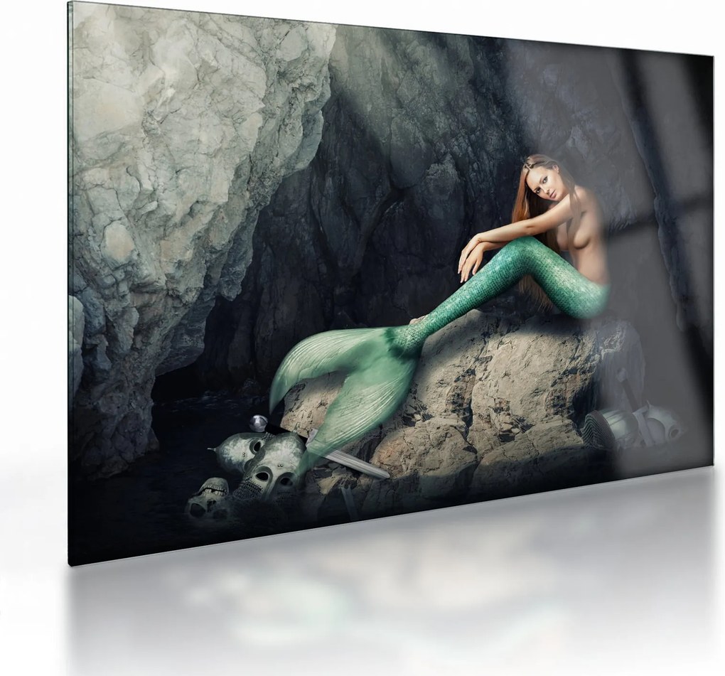 Tablou pe sticlă - Sirena pe stâncă (70x50 cm)