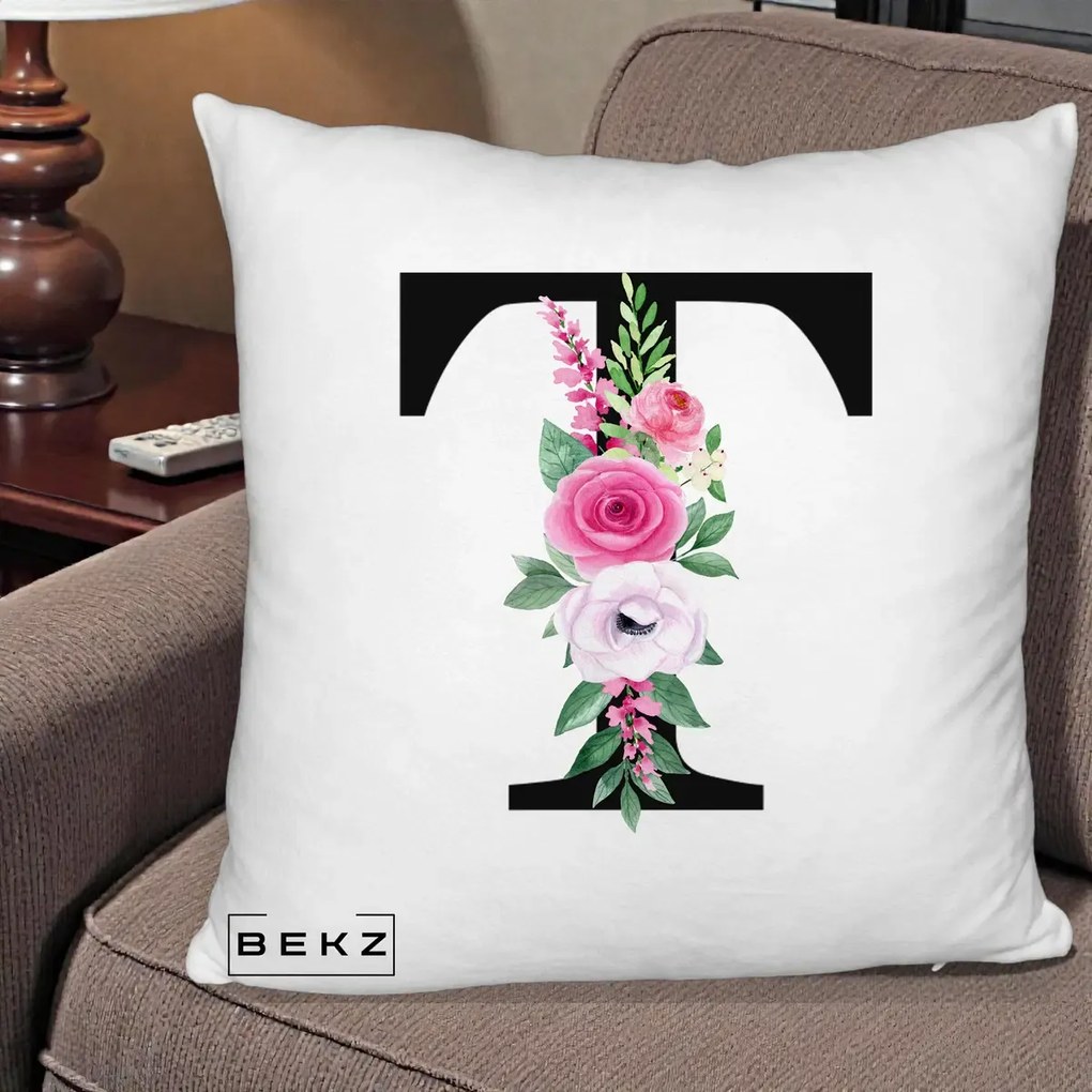 Cadou Personalizat - Perna Personalizata Monograma Florala Litera T, 40x40 cm, Alb Pufos, Husa Detasabila, Perna Inclusa, BEKZ®