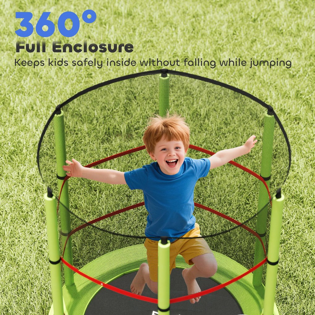HOMCOM Saltea Elastică pentru Copii 3-6 Ani cu Plasă de Protecție, 6 Stâlpi și 3 Intrări, Ø140x190 cm, Verde | Aosom Romania