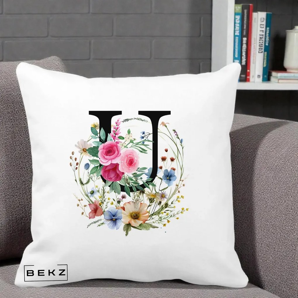 Cadou Personalizat - Perna Personalizata Monogram Litera U cu Flori Acuarela, 40x40 cm, Alba Mata, Husa Detasabila, Perna Inclusa, BEKZ®