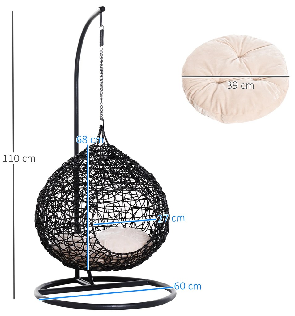 PawHut Cusca Hamac pentru Pisici in PE Rattan cu Perna din Lin si Bumbac Φ60 x 110cm
