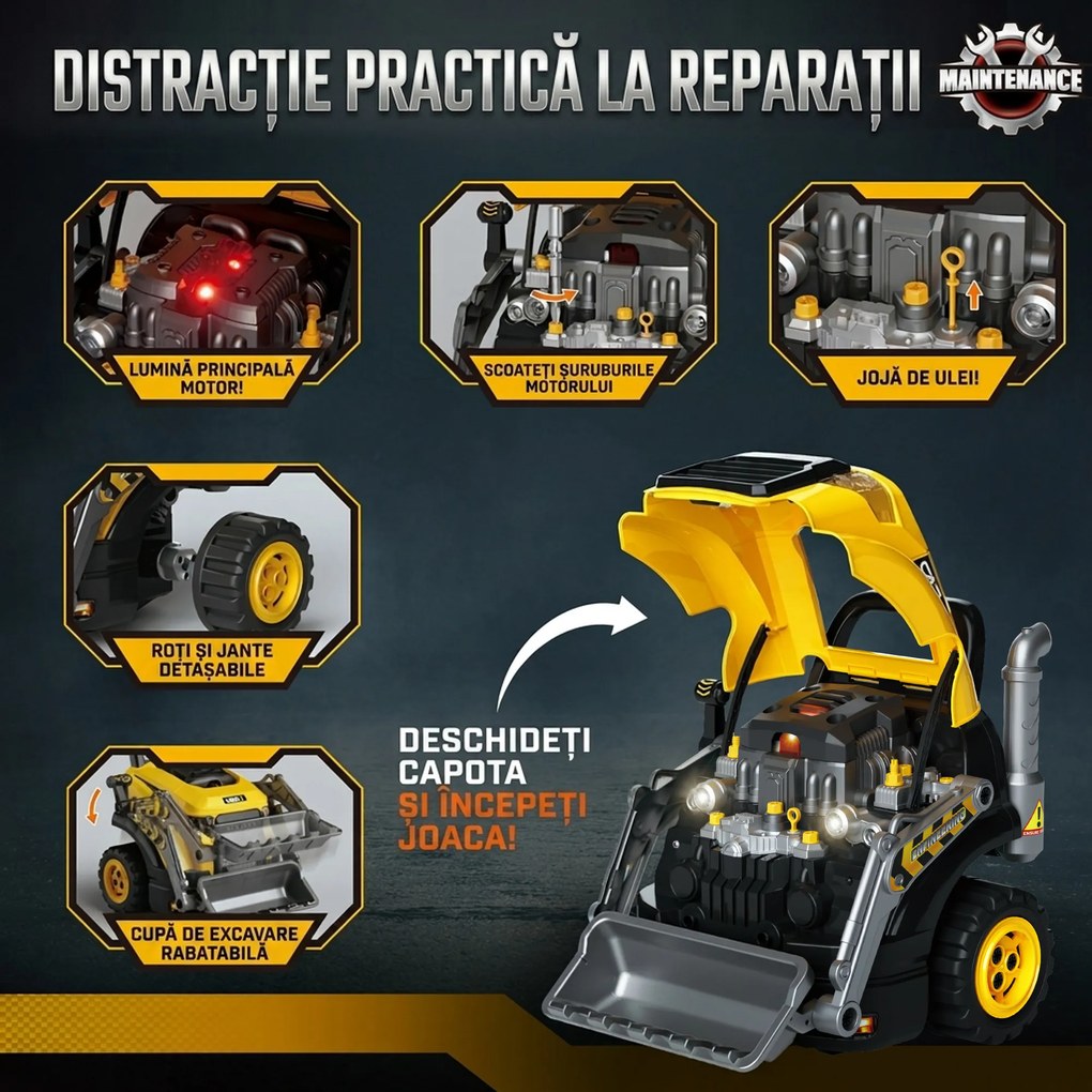 AIYAPLAY Atelier Excavator Jucărie pentru Copii cu Motor, 68 Accesorii, Efect Abur și Sunete, 46x41x47 cm, Galben | Aosom Romania