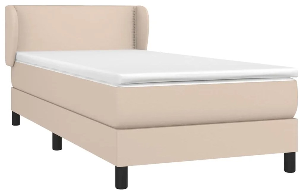 Pat box spring cu saltea, cappuccino, 100x200cm piele ecologica Cappuccino, 100 x 200 cm, Culoare unica si cuie de tapiterie