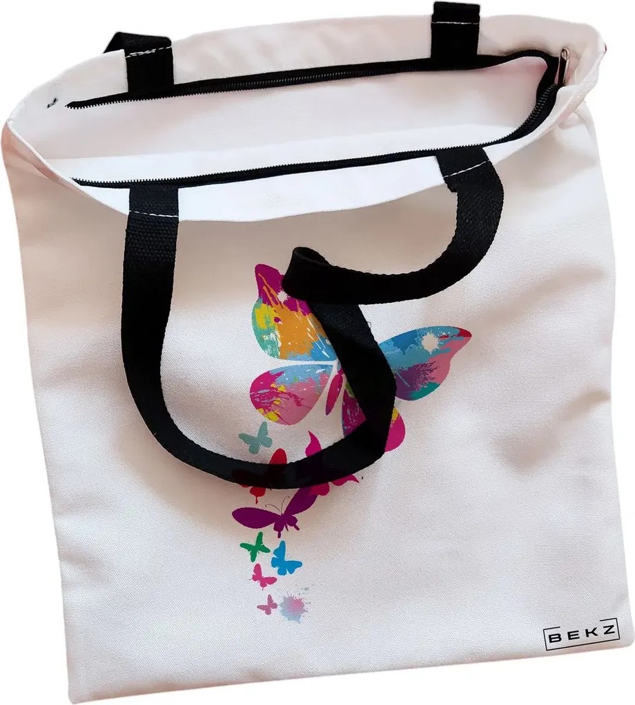 Sacosa de Panza pentru Cumparaturi, Geanta Tote, model Watercolor Butterfly, Cu fermoar, 38x34.5 cm, Alba, BEKZ®