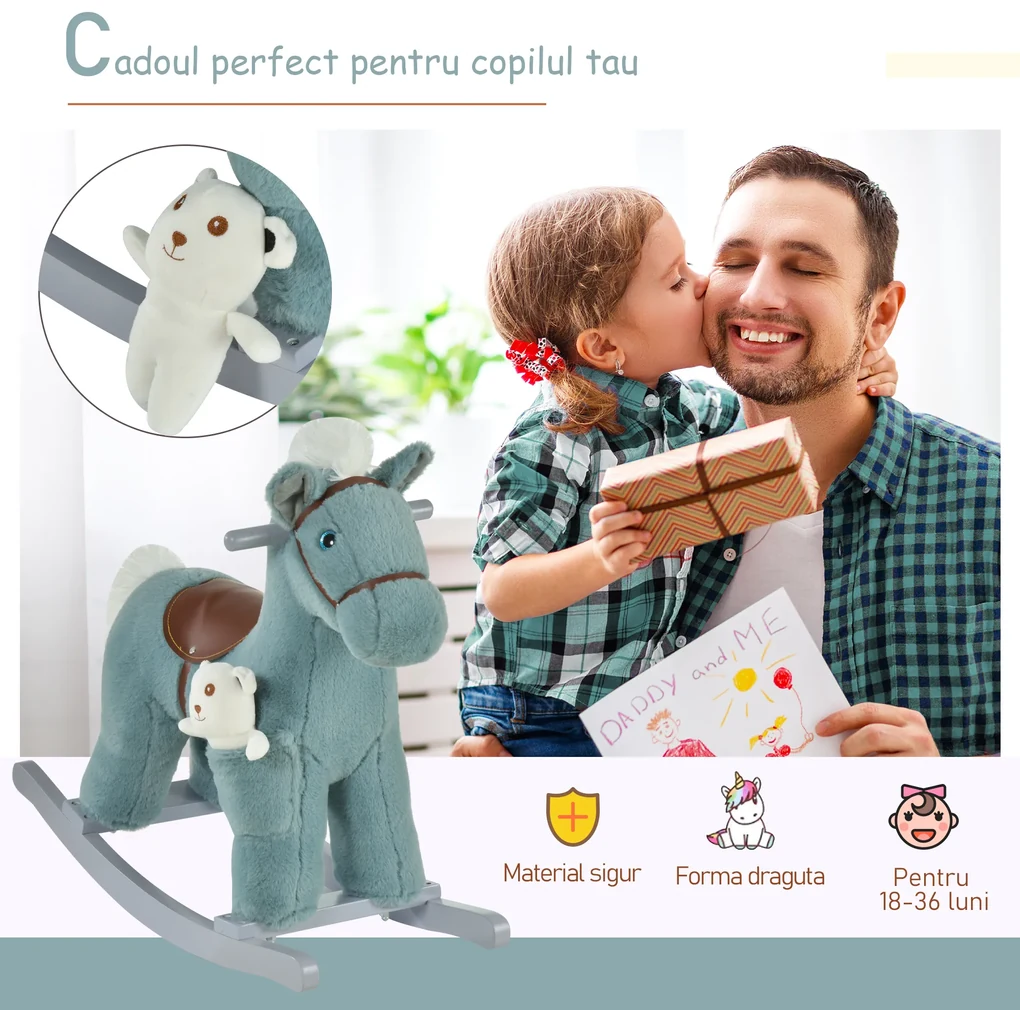 HOMCOM Balansoar Ponei pentru Copii 18-36 Luni, Jucărie Interactivă de Călărie, Albastru, 65x26x55 cm | Aosom Romania