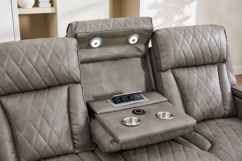 Set canapele dumonde 3+2+1, reclinere electrice, incarcare wireless, USB-C, suport pahare incalzite, lumini LED Selvar