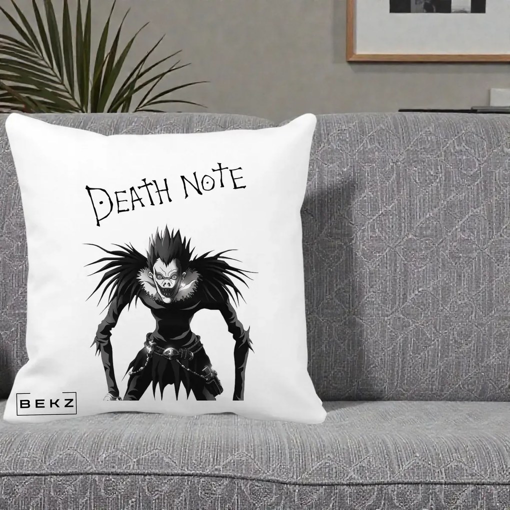 Perna Personalizata Death Note Ryuk Shinigami Alb-Negru, 40x40 cm, Alba Mata, Husa Detasabila, Perna Inclusa, BEKZ®
