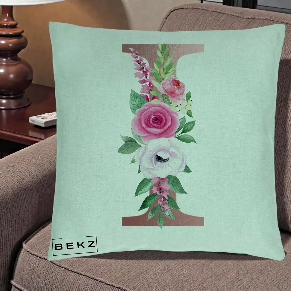 Cadou Personalizat - Perna Personalizata Monograma Rose Gold Litera I, 40x40 cm, Verde Menta, Husa Detasabila, Perna Inclusa, BEKZ®