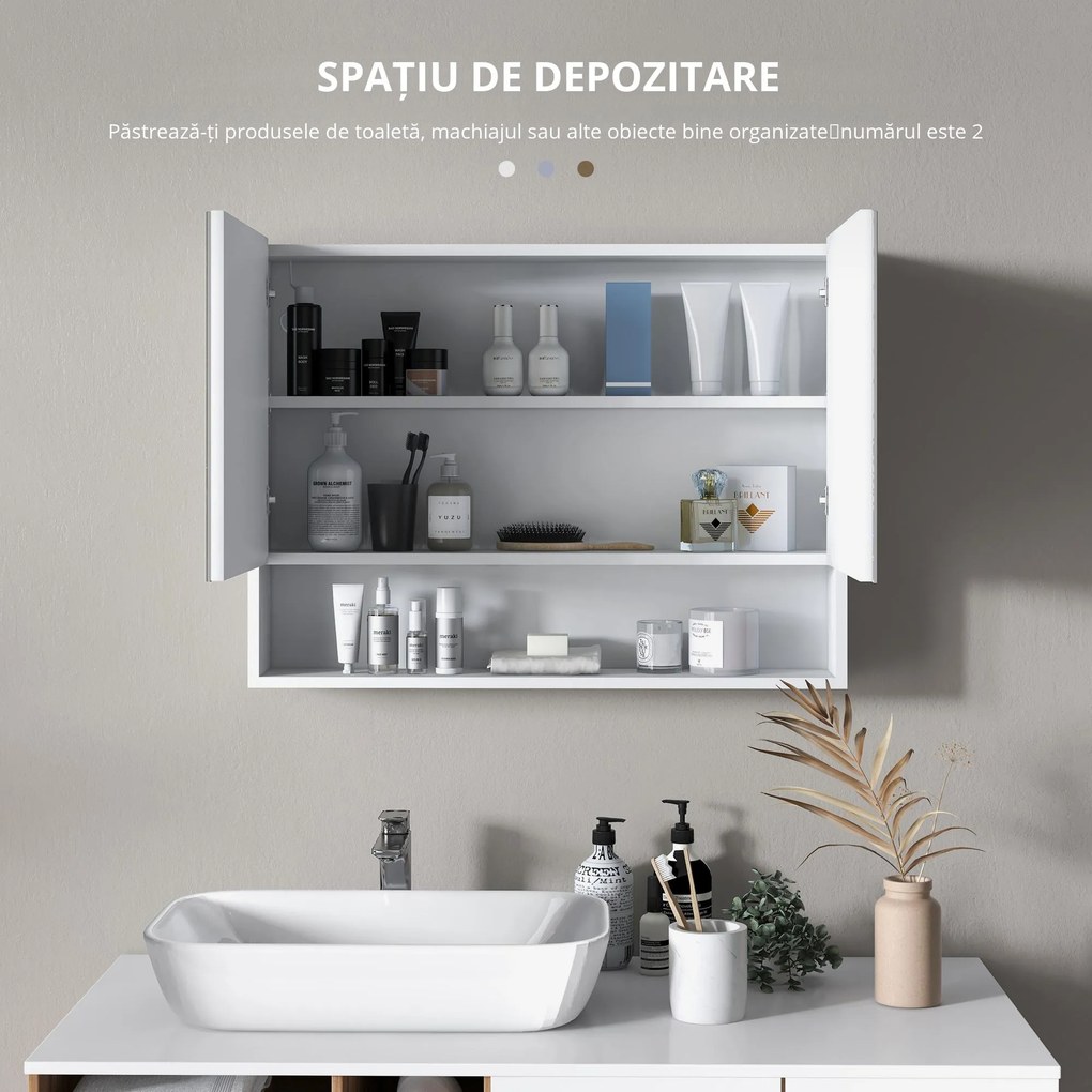 HOMCOM Dulap cu Oglindă de Perete cu Lumini LED și Rafturi Reglabile din Sticlă și MDF pentru Baie | Aosom Romania