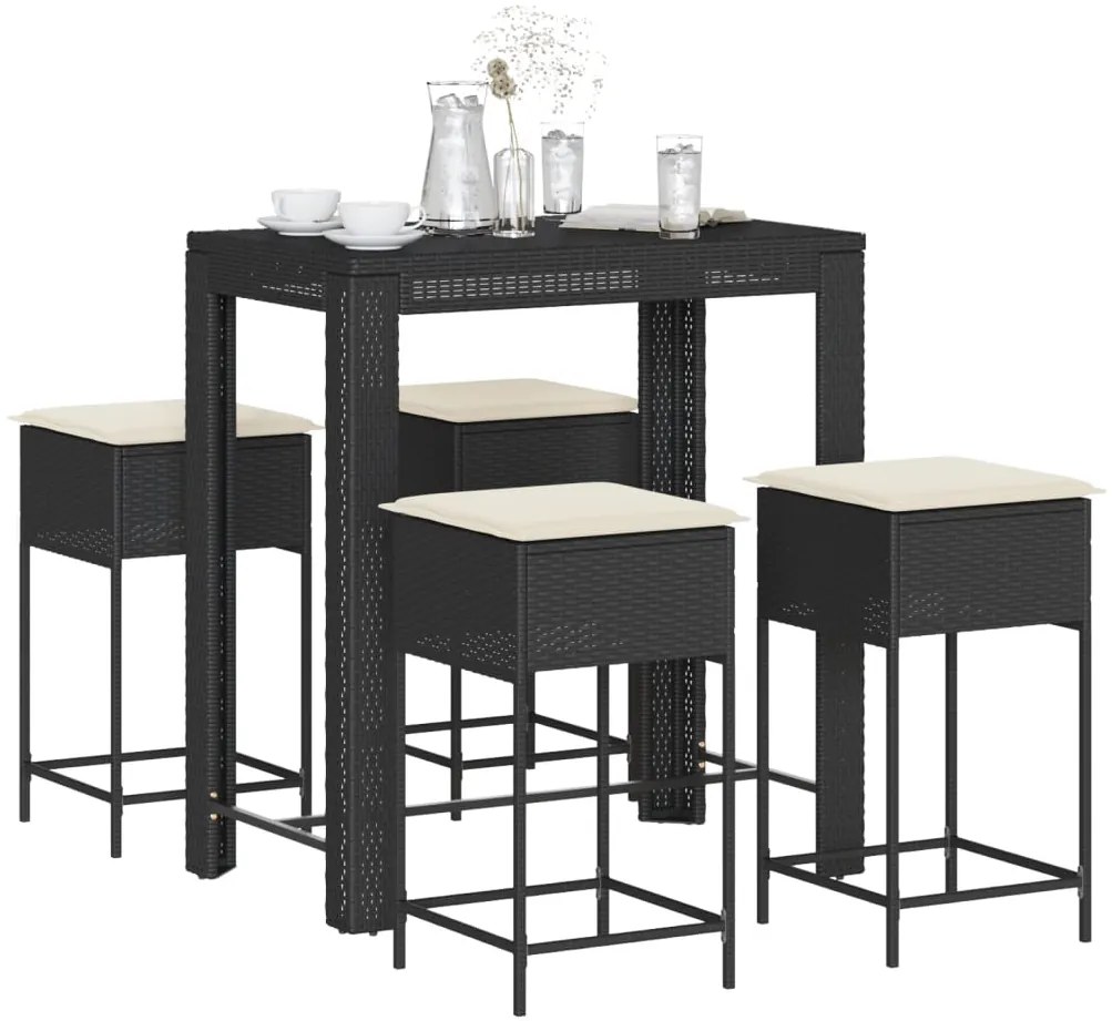 vidaXL Set mobilier bar de grădină cu perne, 5 piese, negru, poliratan