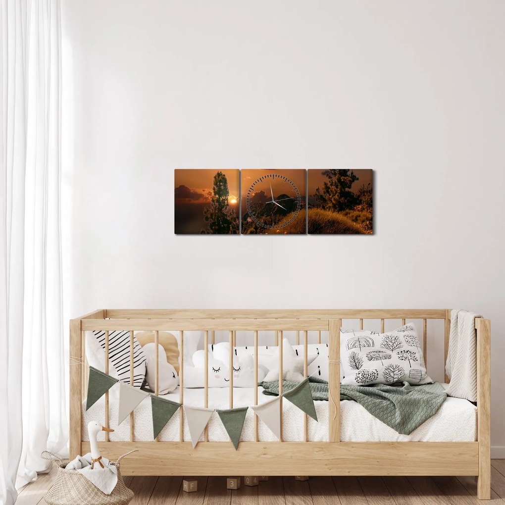 Tablou naturii cu apus de soare (cu ceas) (90x30 cm)