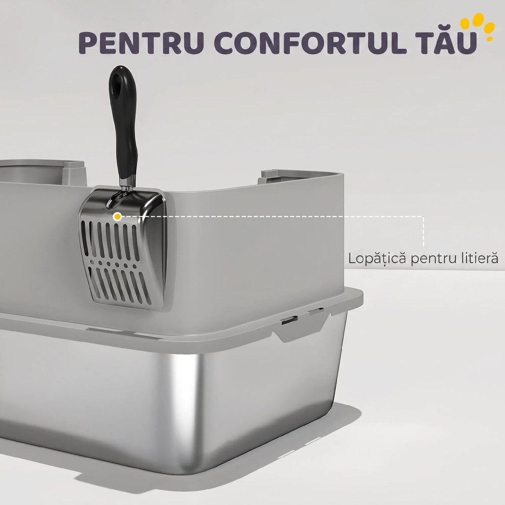 PawHut Litieră pentru Pisici Închisă din Oțel Inoxidabil XL cu Lopățică și Laterale Înalte, Gri | Aosom Romania