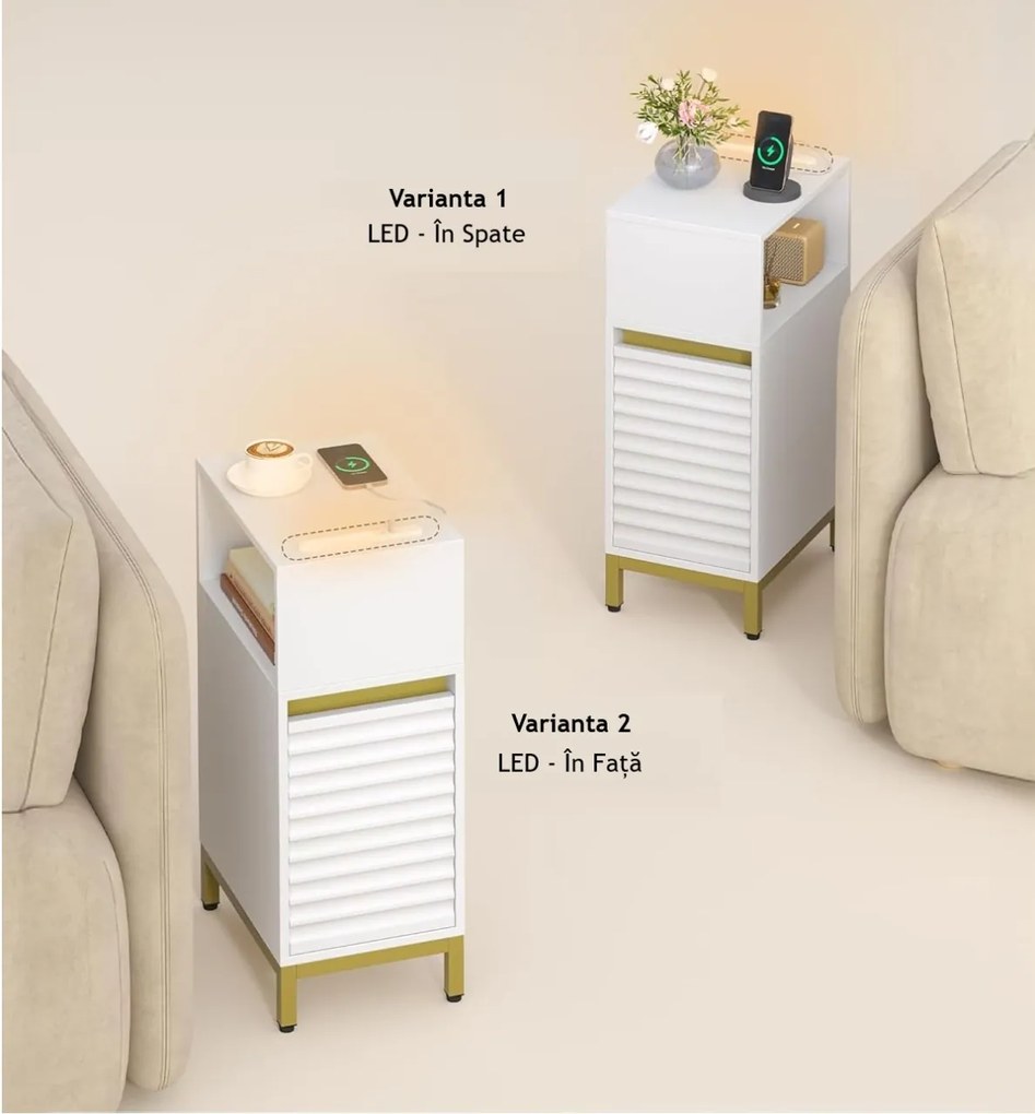 NOA2 - Set 2 Noptiere, 24 cm, foarte inguste, LED, USB si USB-C, Riflaje dormitor - Alb - Auriu