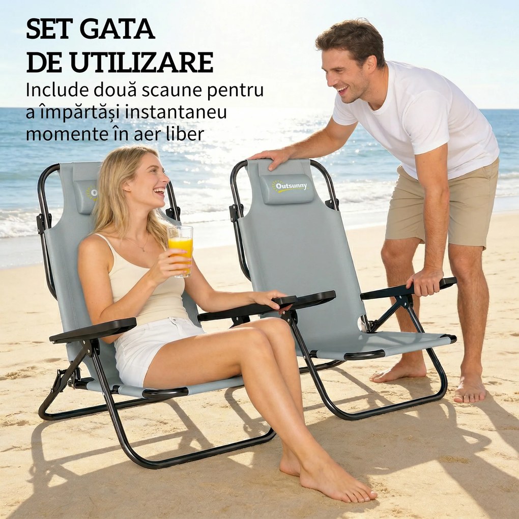 Outsunny Set de 2 Scaune de Camping Portabile, Plajă Pliabile, Spătar Reglabil, Gri Deschis. | Aosom Romania