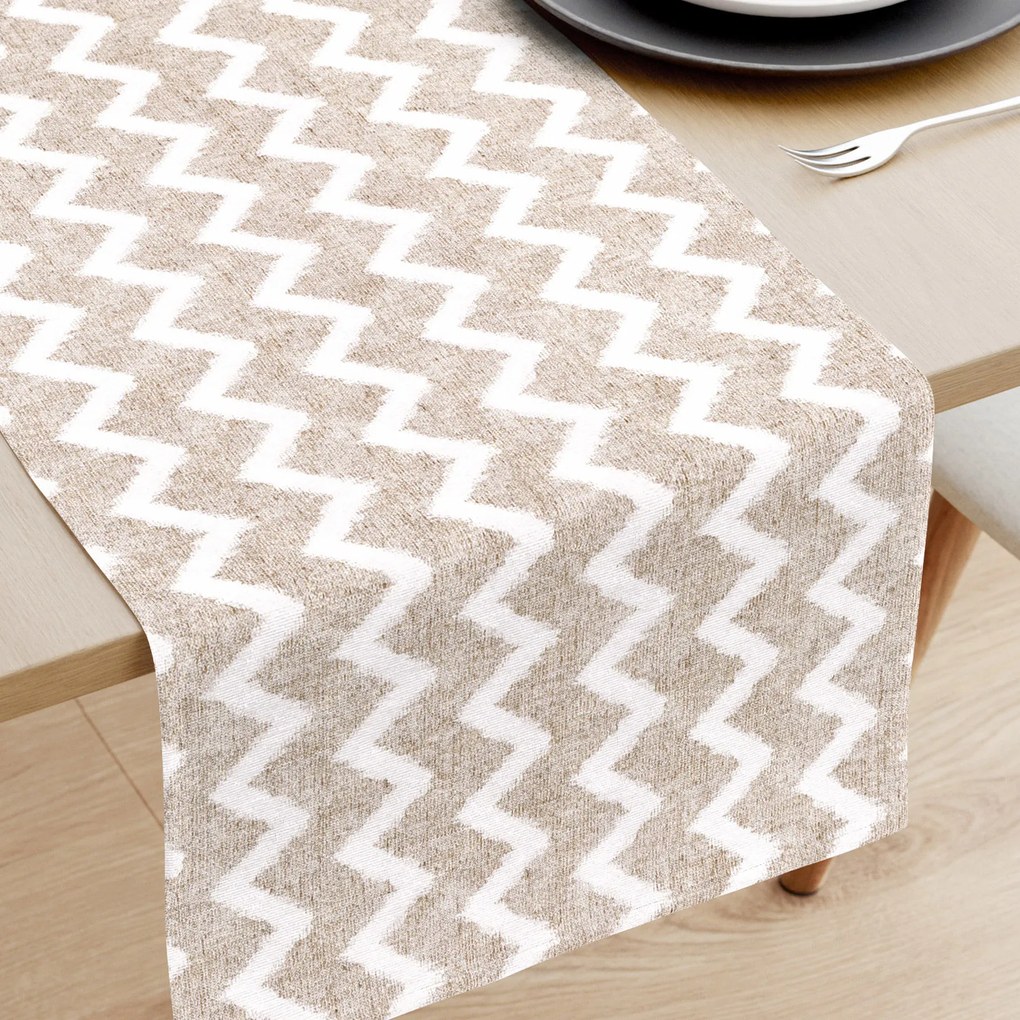 Goldea napron de masă decorativ loneta - dungi albe - bej în zig zag 35x140 cm