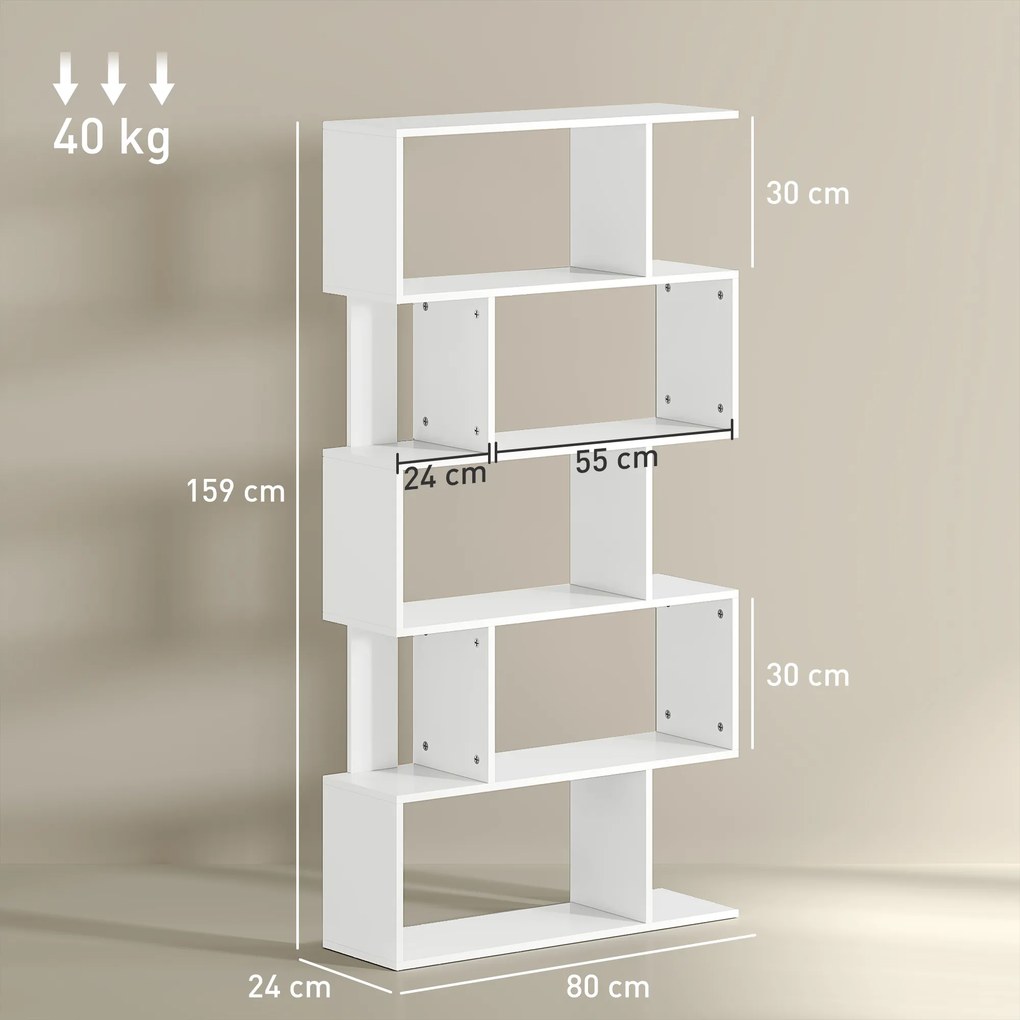 HOMCOM Bibliotecă Asimetrică în Formă de S cu 5 Niveluri și 10 Rafturi Deschise, 80x24x159 cm, Alb | Aosom Romania