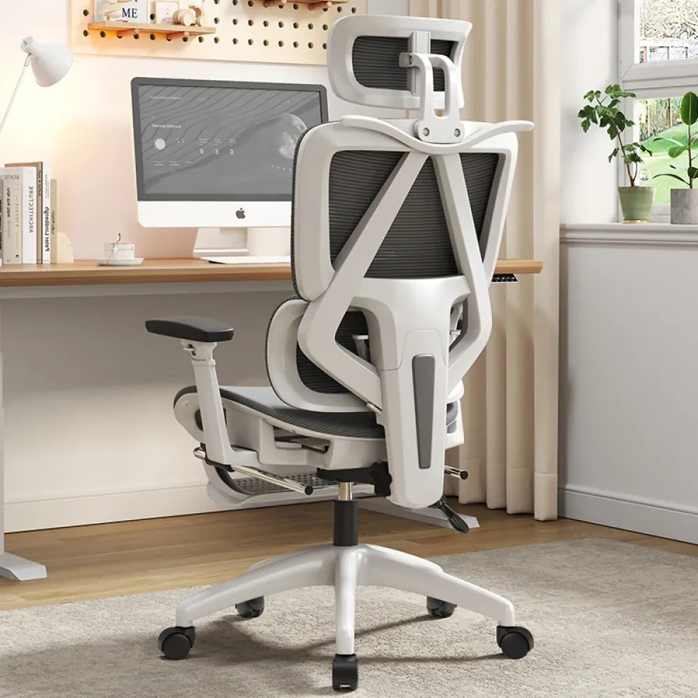 Scaun ergonomic, suport lombar dinamic, tetieră 3D, cotiere 3D, umeras, suport picioare, Mesh, Alb/Gri