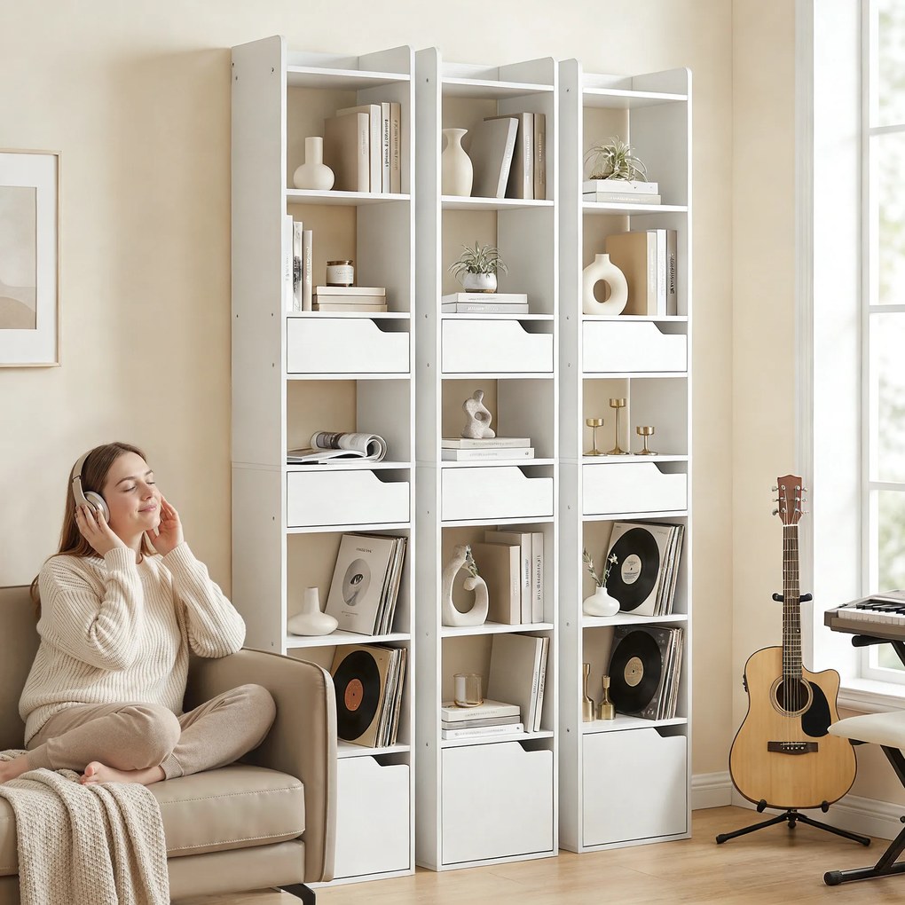 HOMCOM Bibliotecă pentru cărți cu 2 sertare și ușă Etajeră îngustă cu 6 rafturi deschise 32x24x181,5 cm Alb | Aosom Romania