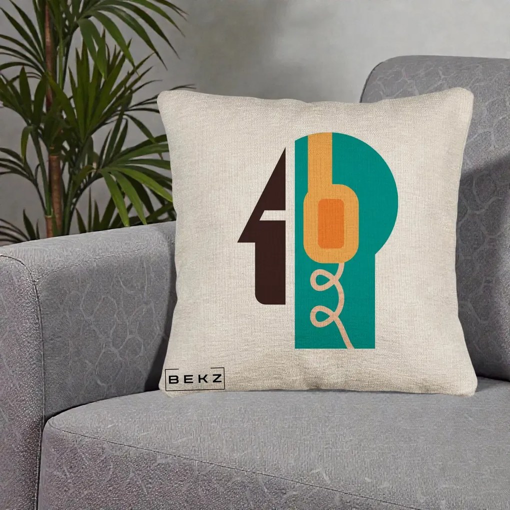 Perna Personalizata Retro Casti Muzicale, 40x40 cm, Bej Canapea, Husa Detasabila, Perna Inclusa, BEKZ®
