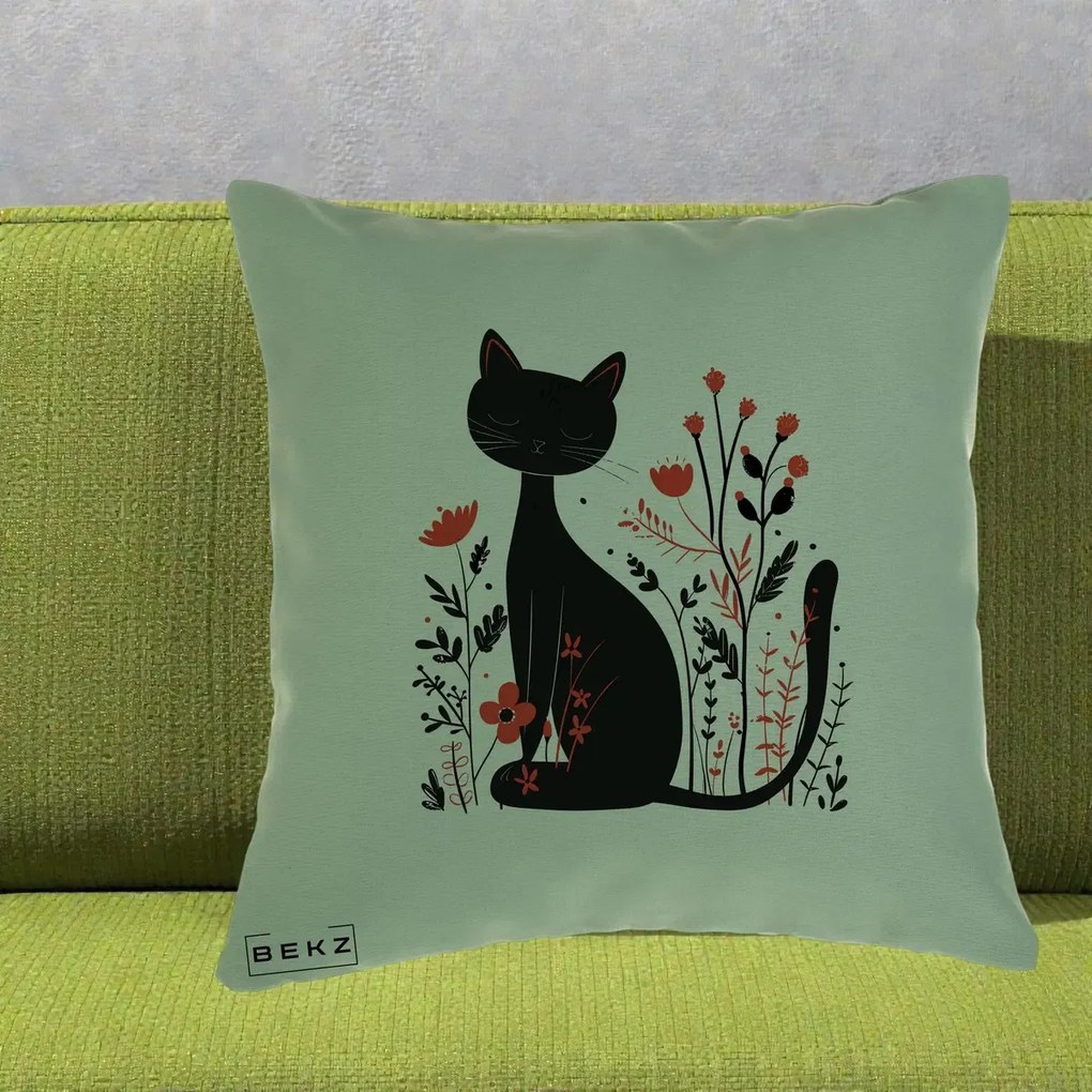 Perna Decorativa Pisica Neagra Flori Rosii Folk Minimal, 40x40 cm, Verde, Husa Detasabila, Perna Inclusa, BEKZ®