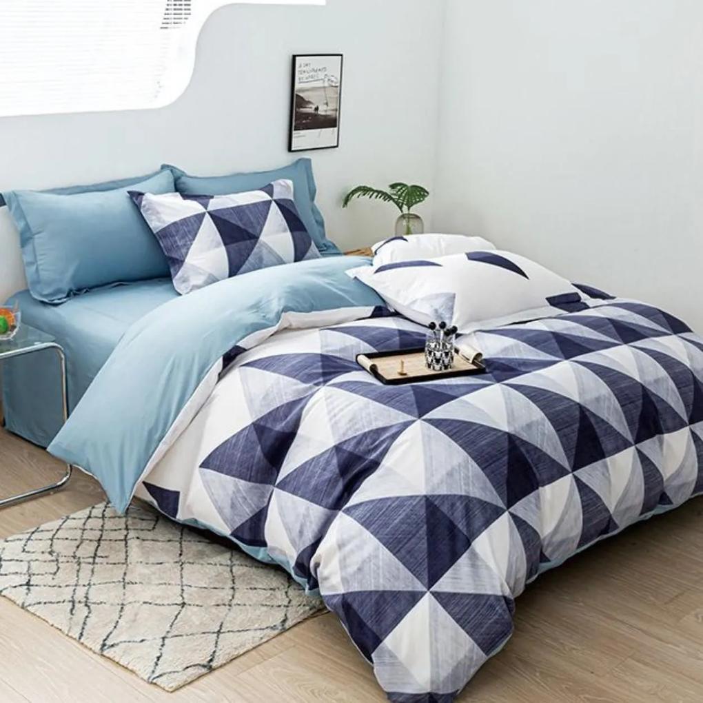 Lenjerie de pat cu elastic, policoton, pat 2 persoane, albastru, 4 piese, E-76
