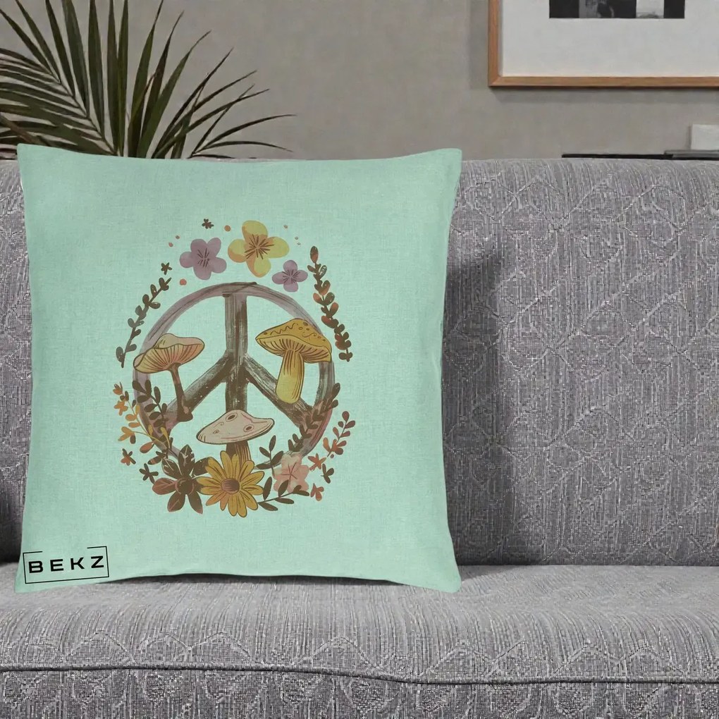 Perna Decorativa Peace Sign Ciuperci Floral, 40x40 cm, Verde Menta, Husa Detasabila, Perna Inclusa, BEKZ®
