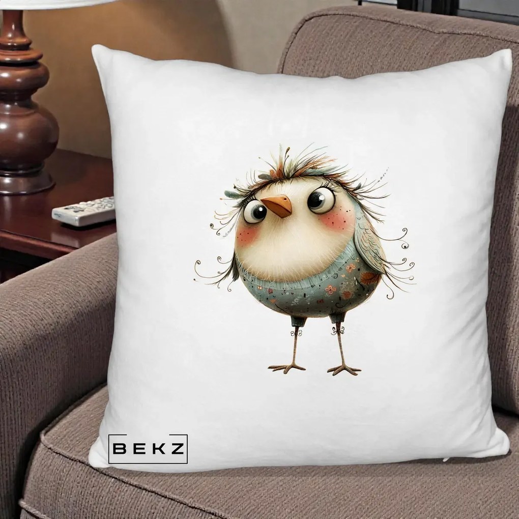 Perna Decorativa Pasare cu Penaj Zbarlit si Gene, 40x40 cm, Alb Pufos, Husa Detasabila, Perna Inclusa, BEKZ®
