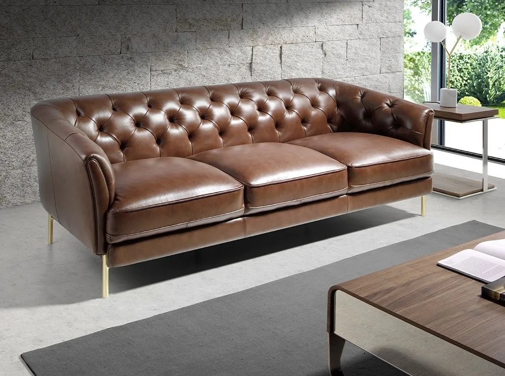 Canapea 3 locuri din piele naturala capitonata Cowhide leather brown