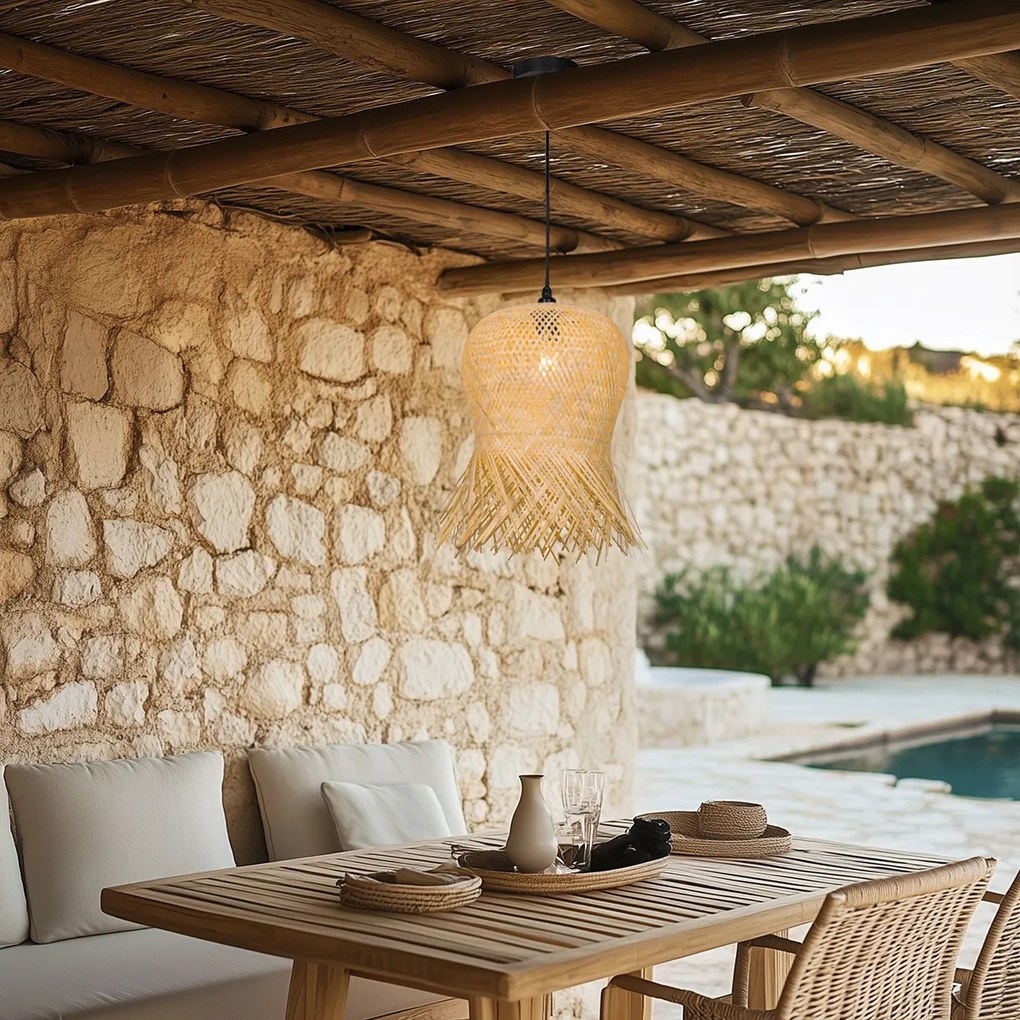 Lampă suspendată de exterior orientală din bambus IP44 - Carlos