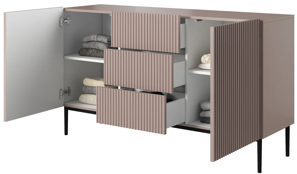 Comodă Nicole 150 cm cu trei sertare - MDF roz antichizat / picioare negre