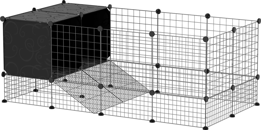 PawHut Cușcă Modulară pentru Animale Mici cu 2 Căsuțe Ridicate, Țarc cu 31 de Panouri, 140x70x52 cm, Negru | Aosom Romania