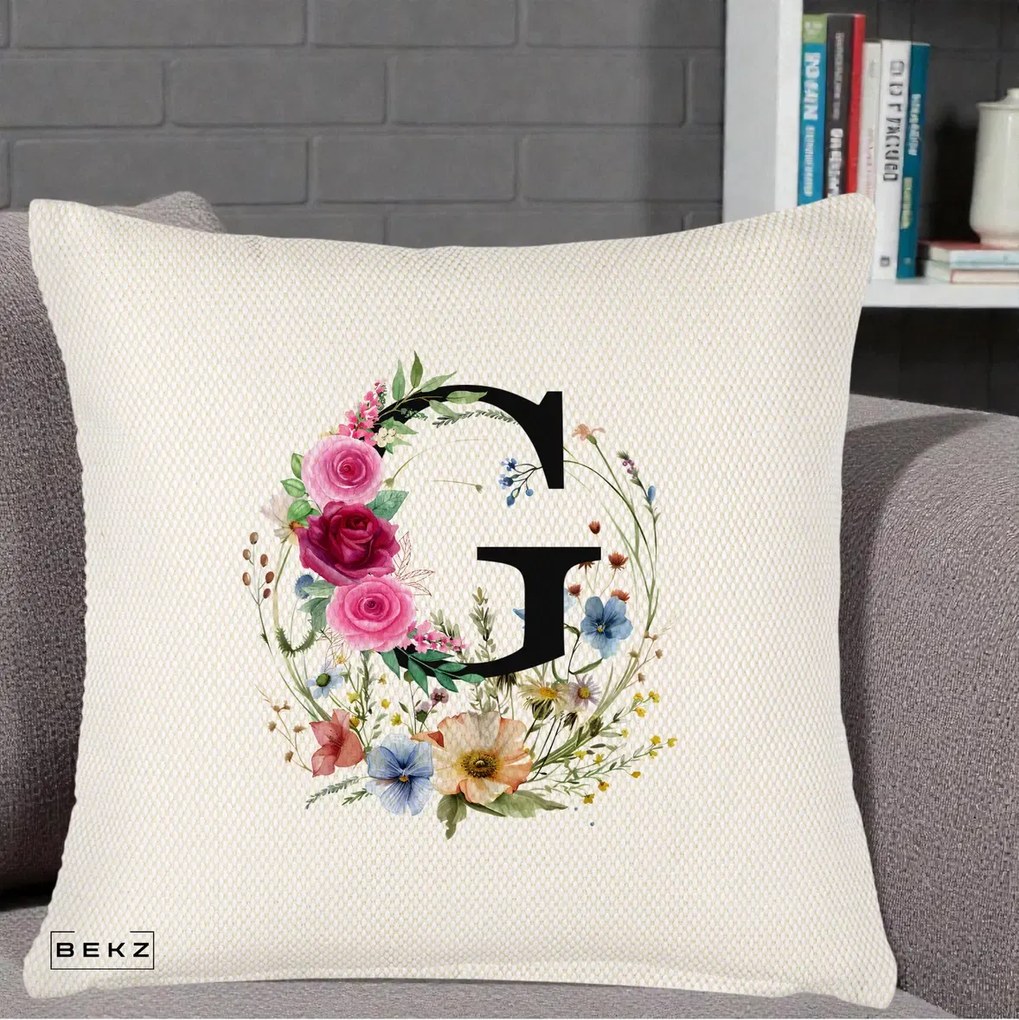 Cadou Personalizat - Perna Personalizata Monogram Litera G cu Flori Acuarela, 40x40 cm, Crem Reliefat, Husa Detasabila, Perna Inclusa, BEKZ®