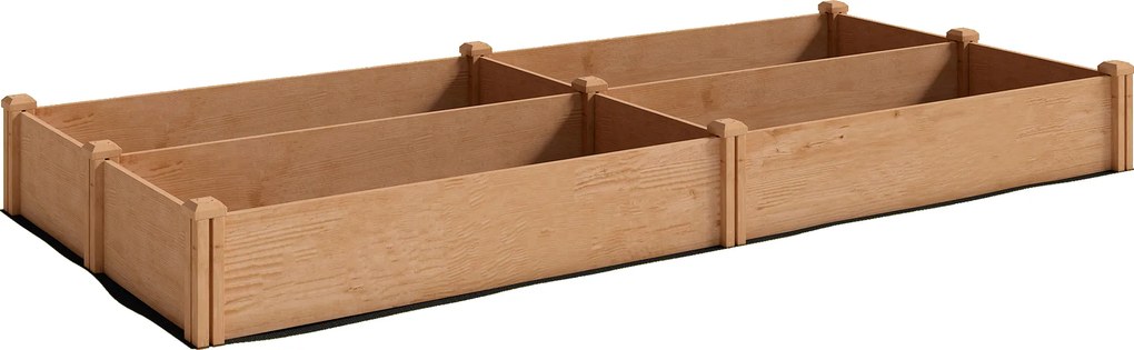 Outsunny Pat de grădină pătrat din lemn, 4 zone de cultură, fond deschis, montaj fără unelte, 234x109x25cm, maro deschis | Aosom Romania