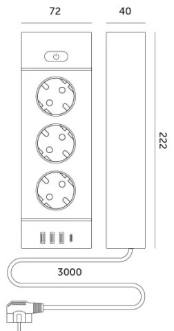 Multipriză LINEA PRO cu întrerupător, 3x 230 V Schuko + 3x USB-A + 1x USB-C, cablu 3 m, alb