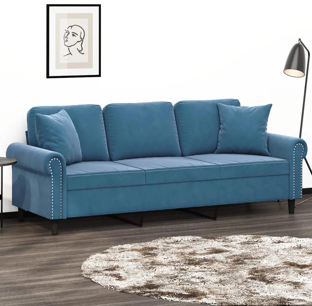 Canapea cu 3 locuri cu pernute, albastru, 180 cm, catifea
