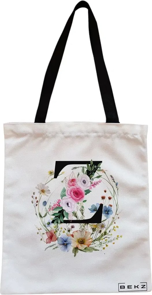 Sacosa de Panza pentru Cumparaturi, Geanta Tote, Cu litera Z in Coronita Florala, Cu fermoar, 38x34.5 cm, Alba, BEKZ®