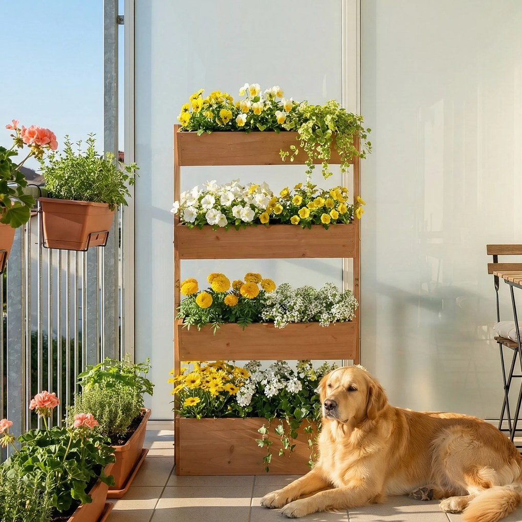 Outsunny Jardinieră din lemn cu 4 niveluri Jardinieră ridicată exterioară cu orificii de drenaj și material nețesut Maro | Aosom Romania