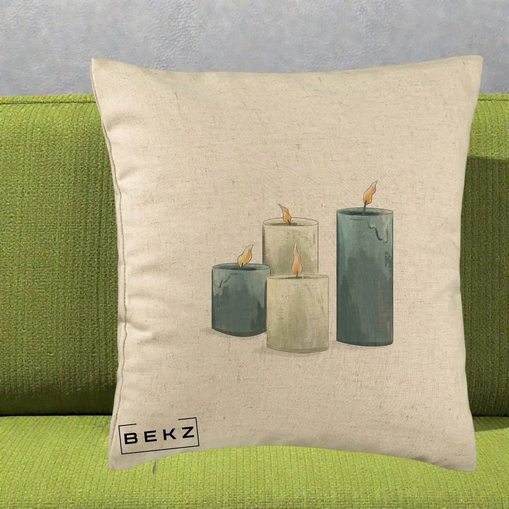Perna Decorativa Lumanari Hygge Alb-Verde, 40x40 cm, Bej, Husa Detasabila, Perna Inclusa, BEKZ®