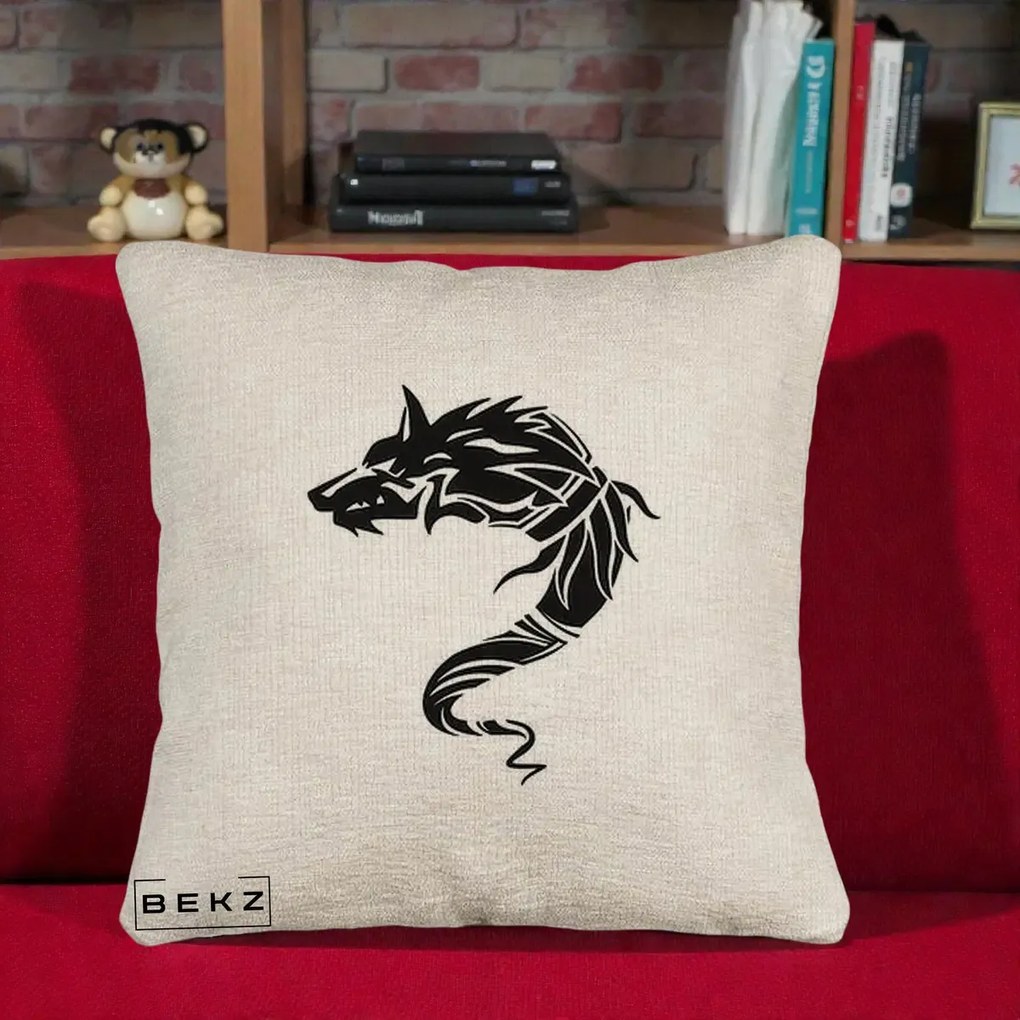 Perna Decorativa Lup Tribal Alb-Negru, 40x40 cm, Bej Canapea, Husa Detasabila, Perna Inclusa, BEKZ®