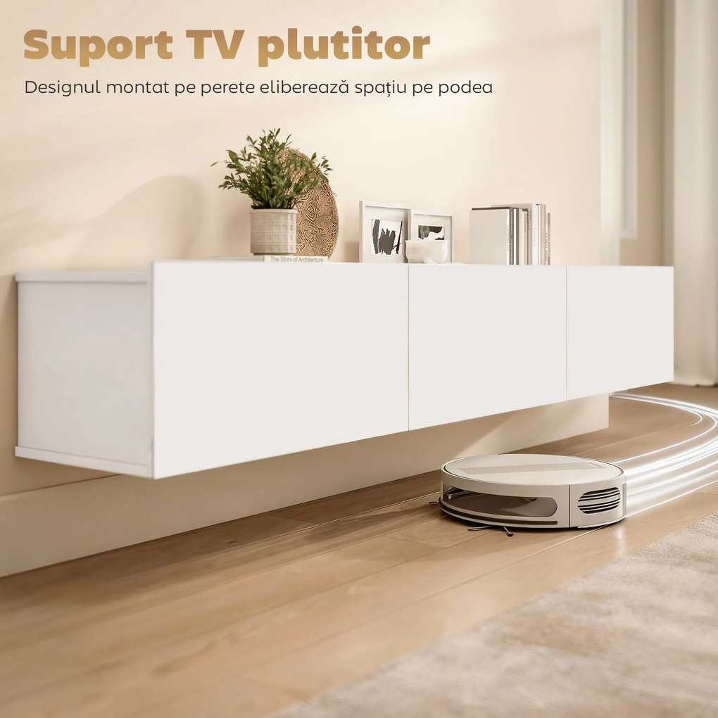 HOMCOM Mobilier TV Suspendat, Suport TV până la 82" cu 3 Dulapuri cu Uși Rabatabile Soft Close, Dulap pentru Televizor pentru Living, Dormitor și Salon, 180x31.5x29.8 cm, Alb Lucios | Aosom Romania