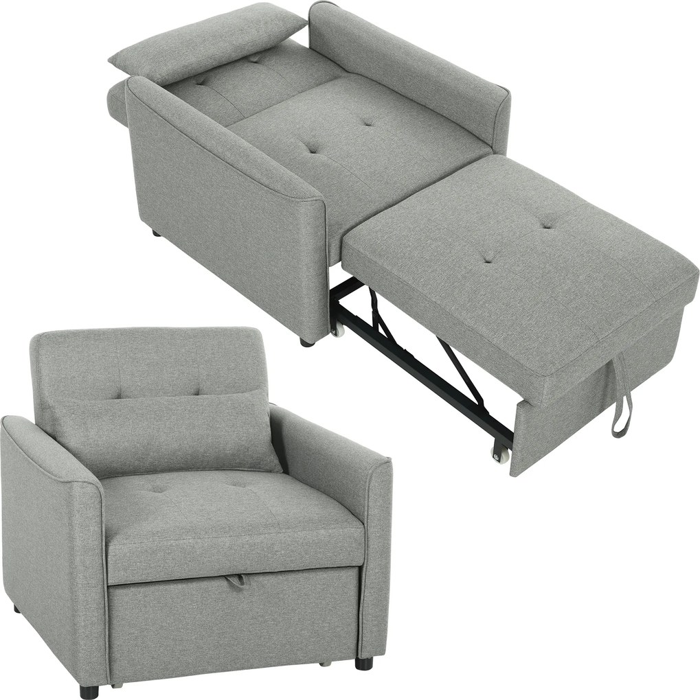 HOMCOM Fotoliu extensibil 3-în-1, fotoliu-canapea extensibil cu spătar reglabil, Gri | Aosom Romania