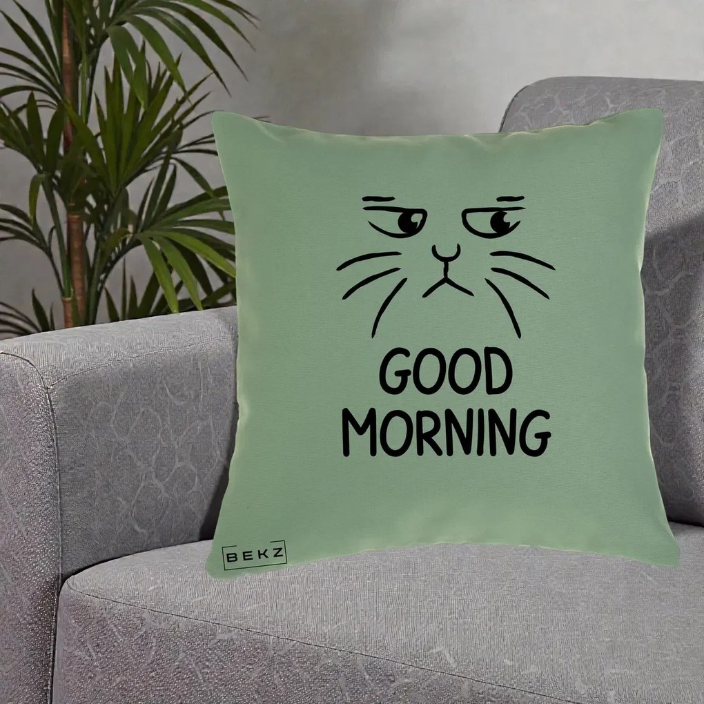 Perna Decorativa Pisica Morocanoasa Good Morning, 40x40 cm, Verde, Husa Detasabila, Perna Inclusa, BEKZ®